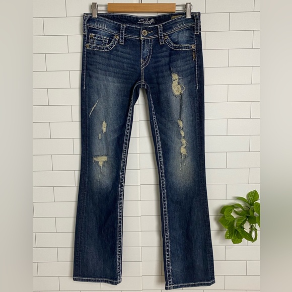 Silver Jeans Berkley Surplus Bootcut Women's Size W27 L31 Destroyed Dark Denim - Picture 1 of 11